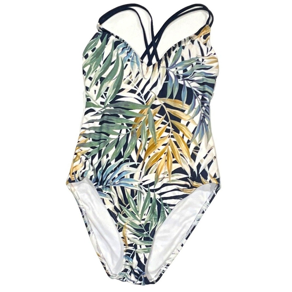 Tropical Palm Leaf One Piece Swimsuit Padded Crisscross Back Navy Green Small